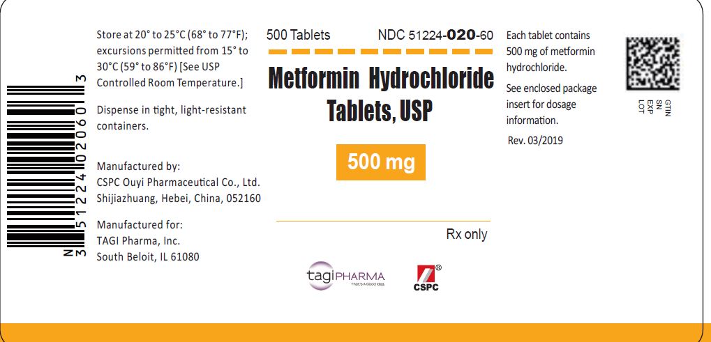 Metformin HCl 500 mg Tablet Bottle 500 Tablets Round White by Tagi Pharma  ID 51224-0020-60